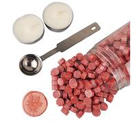 Perlas de selladora, AMTOL 300 perlas de cera Rojo naranja con 2 velas blancas y 1 cuchara para derretir cera, ideal para invitaciones de boda, sobres de tarjetas, envoltura de regalo.