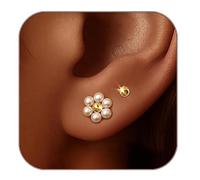 Perlas Pendientes Dorados Mujer Bañados en Oro 14K, Pendientes Largos Colgantes de Flores de Cinco Pétalos y Bolas, Aretes de Énfasis, Regalo de Joyas de Moda para Mujeres