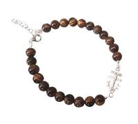 perlascarel PULSERA CRUZ de CARAVACA PLATA DE LEY Y OJO DE TIGRE 6 mm. Longitud pulsera 17 a 19 cm por cadena de alargue. Todo Plata de Ley 925 mls Bolsa tela Regalo