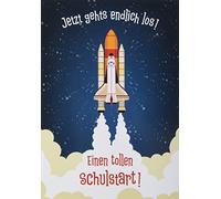 Perleberg - Bonita tarjeta para el comienzo de la escuela con diseño de cohetes - Tarjetas de alta calidad para la escuela - Tarjetas de matrícula con sobre - Tarjeta de felicitación para niños y niñas 11,6 x 16,6 cm