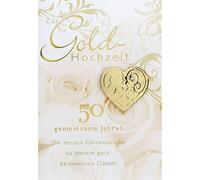 Perleberg - Tarjeta de boda dorada con corazón dorado - Felicitaciones por la boda dorada con sobre - Tarjeta de 11,6 x 16,6 cm