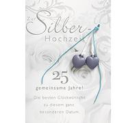 Perleberg - Tarjetas únicas para boda de plata con diseño de rosas - elegante tarjeta de boda de plata con corazones y cinta - elegante tarjeta para boda de plata con felicitación de 11,6 x 16,6 cm