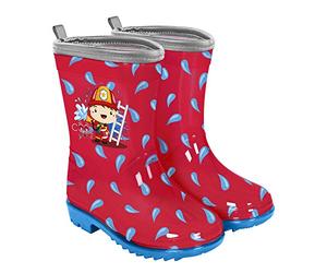 PERLETTI Calzado de Agua Niños con Bombero Apaga Incendio - Botas Impermeables Rojas para Infantes 5 Tallas - Botitas Niño Lluvia PVC Reflectante y Suela Azul Antideslizante Flexible (Bombero, 30)