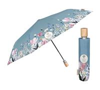 PERLETTI GREEN Paraguas Plegable Antiviento Ecológico Mujer - Paraguas Automático Mango de Madera Biodegradable - Paraguas Compacto Mini Ligero Eco Sostenible - Diámetro 96 cm (Azul con Flores)
