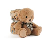 PERLETTI Manta Bebé Suave y Cálida con Osito de Peluche - Muselina para Niño y Niña 0 1 2 3 Años Colorida con Lazo - Doudou para Niños Niñas Marrón con Muñeco y Estampados - 120x80 cm (Oso)