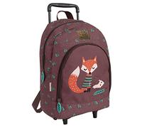 PERLETTI Mochila con Ruedas Niño - Trolley Infantil con Detalles Reflectantes para Guardería y Viaje - Marrón Correas Ajustables - 36x25x15cm (Zorro y Erizo)