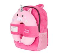 PERLETTI Mochila Viaje Niños con Almohada Avion Cuello - Mochilita Niño Niña 3-8 Años Peluche Pequeña con Bolsillos Laterales - Mochilas Cabina con Cojin Cervical Removible - 31x24x11 cm (Unicornio)