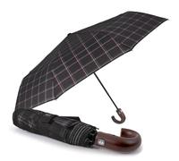 PERLETTI Paraguas Antiviento Hombre Plegable Abre y Cierra Automático - Paraguas Compacto Mango Curvado Madera Estampado Escocés - Paraguas Resistente Ligero - Diámetro 104 cm (Tartán Negro y Rojo)