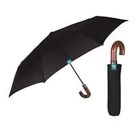 PERLETTI Paraguas Plegable Hombre Negro con Mango Curvado Madera - Paraguas Compacto Automático de Viaje Elegante - Sombrilla Lluvia Antiviento Resistente - Diámetro 104 cm (Negro Mango Curvado)