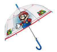 PERLETTI Paraguas Transparente Super Mario Niños - Mini Paraguas Cupula Supermario Bros Apertura Automática Niño 4 5 6 Años - Sombrilla Lluvia Antiviento Resistente Azul Borde Rojo - Diámetro 74 cm