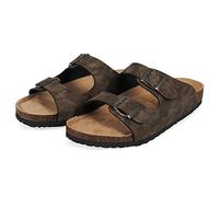 PERLETTI Sandalias Hombre Verano Cómodas - Zapatillas Casa Doble Hebilla - Sandalias Planas Plantilla Cuero Auténtico (Marrón Camuflaje, Sistema tallas calzado EU, Adulto, Números, mediano, 45)