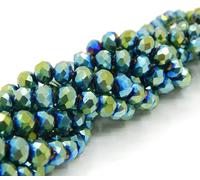 Perlin 160 perlas de cristal checas de Bohemia de 3 mm x 2 mm, perlas checas de cristal con circonita cúbica facetada, 1 hebra (verde, azul metálico)