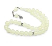 Perlin Cadena de oración Tesbih que brilla en la oscuridad, 33 cuentas de ojo de gato, 14 mm, redondas, blancas y verdes, 36 cm, perlas islámicas de oración Misbaha Tasbih Dhikr