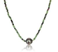 PERORNO Collar con Perla de Tahití 11mm, Epidota 3mm, Oro Amarillo 18K, 42cm, Cierre Mosquetón