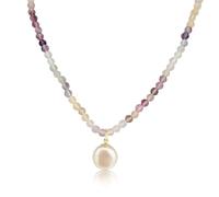 PERORNO Collar de Fluorita 3 mm con Perla Cultivada 12 mm, Piedras Preciosas Redondas talladas, Cierre de Oro Amarillo 18K