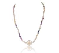 PERORNO Collar de Perla Cultivada 12 mm, Fluorita, Piedras Preciosas 3 mm Redondas, Oro 18K, 42 cm