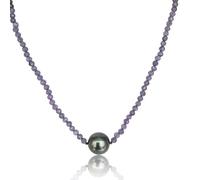 PERORNO Collar de Perla Tahití 11 mm con Tanzanitas 3mm, Cierre de Oro Amarillo 18K, 45cm