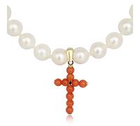 PERORNO Collar de Perlas Cultivadas AAA con Cruz de Coral Natural y Oro 18K - 45 cm - Diseño Artesanal (España)
