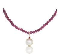 PERORNO Collar de Rubíes, Perla Cultivada y Oro Amarillo 18K, 40 cm, Estilo Clásico, para Mujer