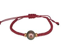 PERORNO Pulsera con Perla de Tahití 11-12 mm, Oro Amarillo 18k, Ajustable, para Mujer (Rojo)