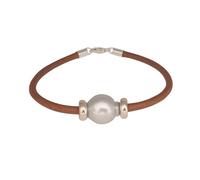 PERORNO Pulsera de Perla Australiana del Mar del Sur, Cuero Natural Marrón, Plata 925, 17 cm largo, Perla 11 mm Diametro, Diseño Artesanal Elegante