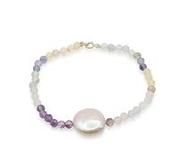 PERORNO Pulsera de Perla Cultivada 12mm y Fluorita, Oro Amarillo 18k, Cierre de Mosquetón, 17cm, para Mujer