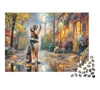 Perro bajo la Luna Rompecabezas 1000 Piezas Husky Dog Calle Luna Estético Desafiante Desafío Duro Imposible Regalo Familiares/Parejas Entretenimiento Creativo Adultos Niños