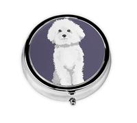 Perro Bichón Frisé Blanco, Pastillero, Pastillero redondo Pequeño contenedor de pastillas Organizador de pastillas de viaje