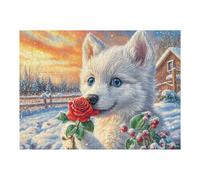Perro Blanco con una Rosa roja en la Escena de cabaña Nevada Puzzles 500 Piezas Estera Portátil Familiar Grande Rompecabezas para Adultos Aliviar Estrés 3D Maquetas Construir DIY Moderno 500 PCS