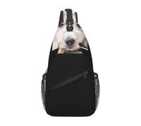 Perro blanco nariz negra y un bolso bandolera blanco para hombre, pequeño, para viajes, mochila de hombro.