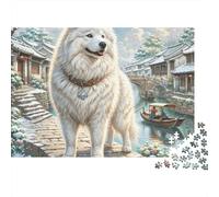 Perro Blanco Nieve Pueblo histórico Puzzle de 1000 Piezas Papel para Adultos Escena Invernal Decoración Hogar 38x26cm/1000pcs