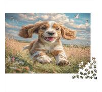 Perro Bonito Rompecabezas clásico de cartón de Cavalier King Charles Spaniel Saltando en la Hierba, Entretenimiento Interactivo contra el aburrimiento 70x50cm/1000 Piezas