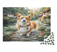 Perro Bonito Rompecabezas clásico de cartón de Corgi Caminando por un Camino de Piedra del Pueblo, Actividad Relajante para Toda la Familia 70x50cm/1000 Piezas