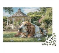 Perro Bonito Rompecabezas de Papel de Basset Hound acostado Junto a Mirador de jardín, Entretenimiento contra el aburrimiento, Regalo Coleccionable 52x38cm/1000 Piezas