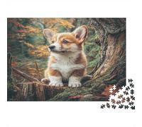 Perro Bonito Rompecabezas de Papel de Corgi Sentado en tocón de árbol en el Bosque, Set de diversión Familiar, Regalo de calcetín 38x26cm/1000 Piezas