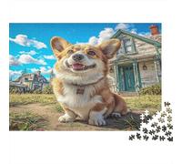 Perro Bonito Rompecabezas de Papel de Corgi Sentado Junto a casa Verde Antigua, Regalo Apto para Toda la Familia 52x38cm/1000 Piezas