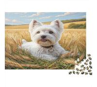 Perro Bonito Rompecabezas de Papel de Westie Sentado en Campo de Trigo Dorado, Set de Regalo Educativo para Adultos, Actividad Relajante 38x26cm/1000 Piezas