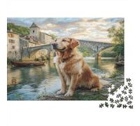 Perro Bonito Rompecabezas de Papel Golden Retriever Sentado Junto a Puente de Piedra, Set Regalo de calcetín Divertido para la Familia 38x26cm/1000 Piezas
