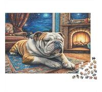 Perro Bonito Rompecabezas de Papel Grueso de Bulldog acostado en sofá Junto a Chimenea por la Noche, Pack de Actividad Familiar, 70x50cm/1000 Piezas