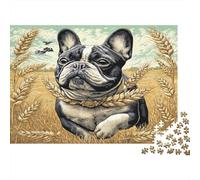 Perro Bonito Rompecabezas de Papel Grueso de Bulldog Francés con Corona de Trigo en Trigo Dorado, Pack de Actividad Familiar, 70x50cm/1000 Piezas