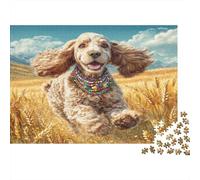 Perro Bonito Rompecabezas de Papel Grueso de Cocker Spaniel Corriendo en Campo de Trigo Dorado, Regalo para niños Apto para Principiantes 70x50cm/1000 Piezas