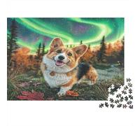 Perro Bonito Rompecabezas de Papel Grueso de Corgi Entre Hojas de otoño bajo Aurora Boreal, para Personas Mayores, Relajante Regalo de Amigo Invisible 52x38cm/1000 Piezas