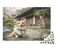 Perro Bonito Rompecabezas de Papel Grueso de Corgi Sentado Junto a casa Tradicional Japonesa, Pack para Personas Mayores, Regalo de Amigo Invisible para Entrenamiento Cerebral 52x38cm/1000 Piezas