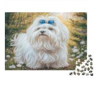 Perro Bonito Rompecabezas de Papel Grueso de Maltés con Lazo Azul en Campo de Flores, Regalo de cumpleaños regalable 38x26cm/1000 Piezas