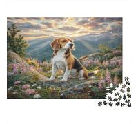 Perro Bonito Rompecabezas de Papel Reciclado de Beagle Sentado en Ladera con Flores, Regalo navideño desafiante 38x26cm/1000 Piezas