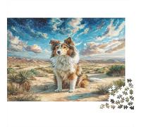 Perro Bonito Rompecabezas de Papel Reciclado de Pastor Australiano en Desierto bajo Cielo Estrellado, Regalo Coleccionable para Adultos 38x26cm/1000 Piezas