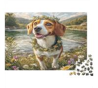 Perro Bonito Rompecabezas de Papel Resistente de Beagle con Corona de Flores Junto al río, Actividad Familiar educativa 70x50cm/1000 Piezas