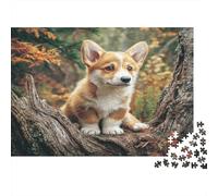Perro Bonito Rompecabezas DIY de Papel Premium de Corgi Sentado en tocón de árbol en el Bosque, Juguete Educativo Apto para Principiantes 38x26cm/1000 Piezas