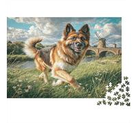 Perro Bonito Rompecabezas DIY de Papel Premium de Pastor Alemán Corriendo Junto a Molino de Viento y río, Regalo de calcetín Estimulante Mental 52x38cm/1000 Piezas