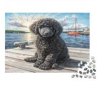 Perro Bonito Rompecabezas Premium de cartón de Caniche Negro en Muelle de Madera Junto al Agua, Entretenimiento contra el aburrimiento, decoración del hogar 38x26cm/1000 Piezas